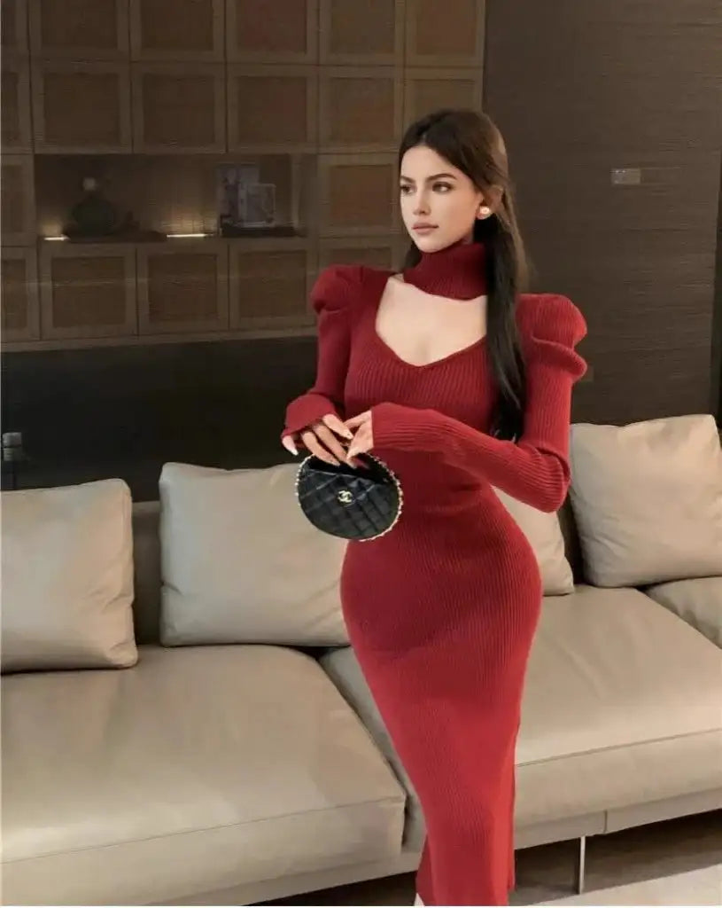 YuooMuoo Chic Fashion Elegant Knitted Long Dress with Neck Scarf 2024 Autumn Winter Ribbed Office Lady Bodycon Sweater Vestidos - Lootquake
