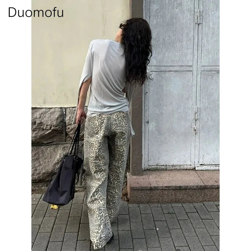 American Washed Leopard Print Wide Leg Jeans for Women Retro Street Distressed New Harajuku Style Hottie Baggy Y2K Casual Pants - Lootquake