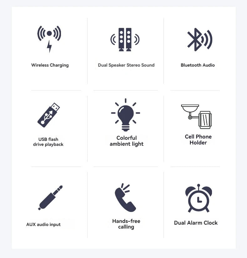 Altavoz Bluetooth portátil con carga inalámbrica, luz ambiental, reloj, función de alarma, altavoz doble, carga USB