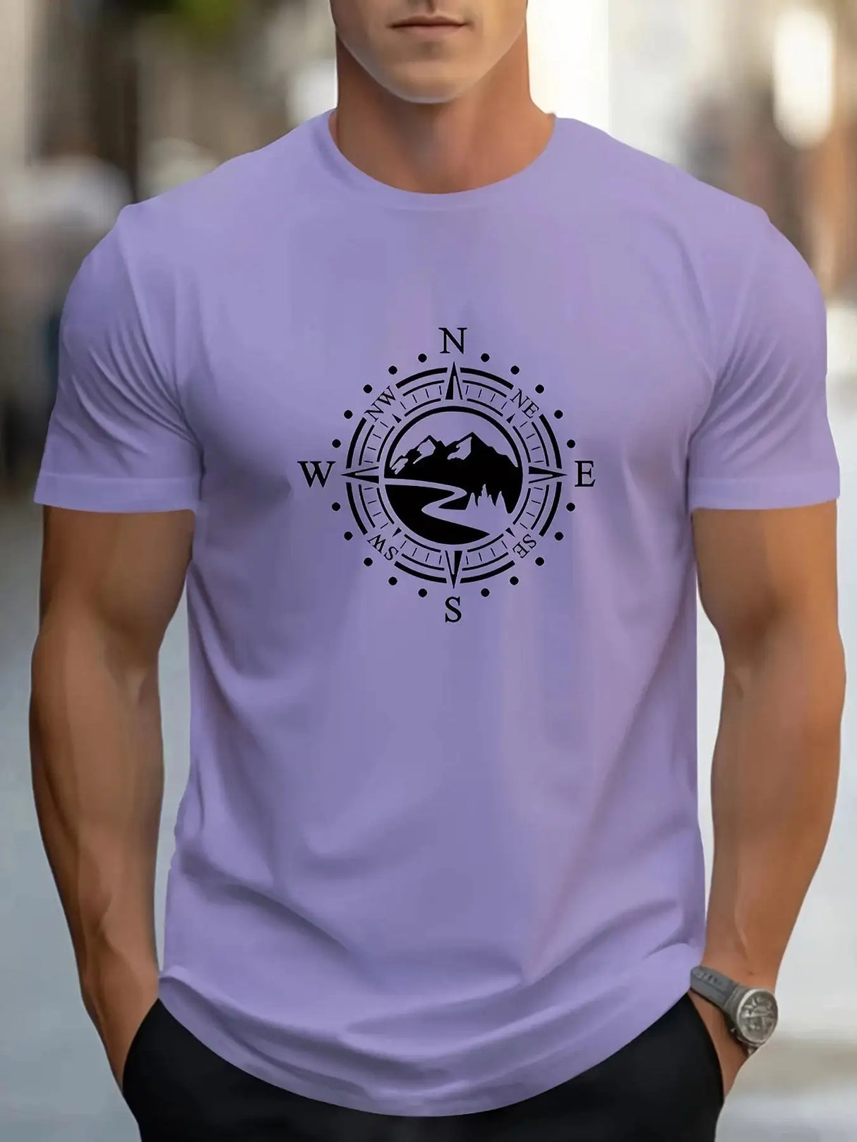 Summer Men's 100% Cotton Casual Loose Large Compass Pattern Printed Sports Comfortable Round Neck Short Sleeve T-shirt Top - Lootquake