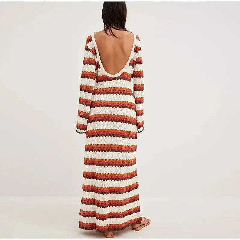 Striped Knitted Long Dress Women O-neck Backless Hollowed Out Long Sleeves Lady Bodycon Dress 2024 Spring Summer Vacation Robe - Lootquake