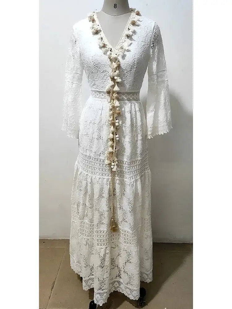 Boho Long Dress Women Summer Lace V Neck Flare Sleeve Sexy Maxi Dress Lady Holiday Party Beach Wedding Dresses Vestidos De Mujer - Lootquake