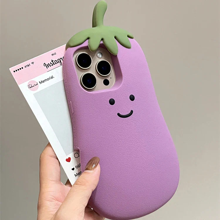 Funda de silicona suave para teléfono con diseño de berenjena feliz kawaii