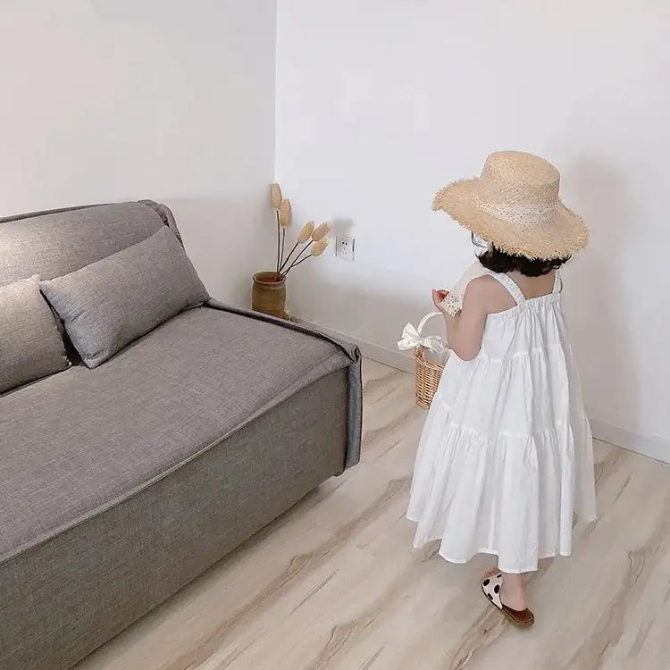 Girls Cotton Solid White Dress Ruffles Kids Strap Dress Summer Sleeveless Toddler Baby Long Dress Girl Clothes 1-6Y Kleid/robe - Lootquake