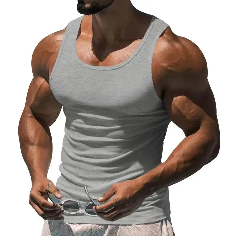 American Vest, Summer Europe And The United States Men Stretch Sports Gym Training, Tight Hurdle Sleeveless Top Solid Color Vest - Lootquake