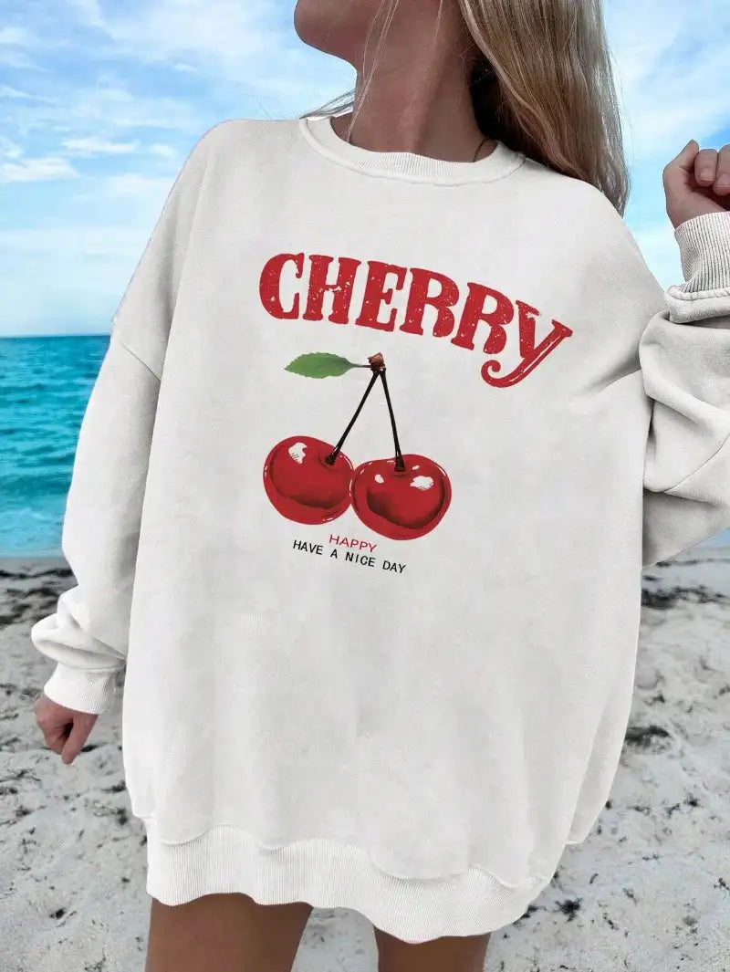 Casual Women's Sweatshirts Cherries Graphic Printing Hoodies Crewneck Fleece Warm Comfortable Pullovers Autumn Winter Streetwear - Lootquake