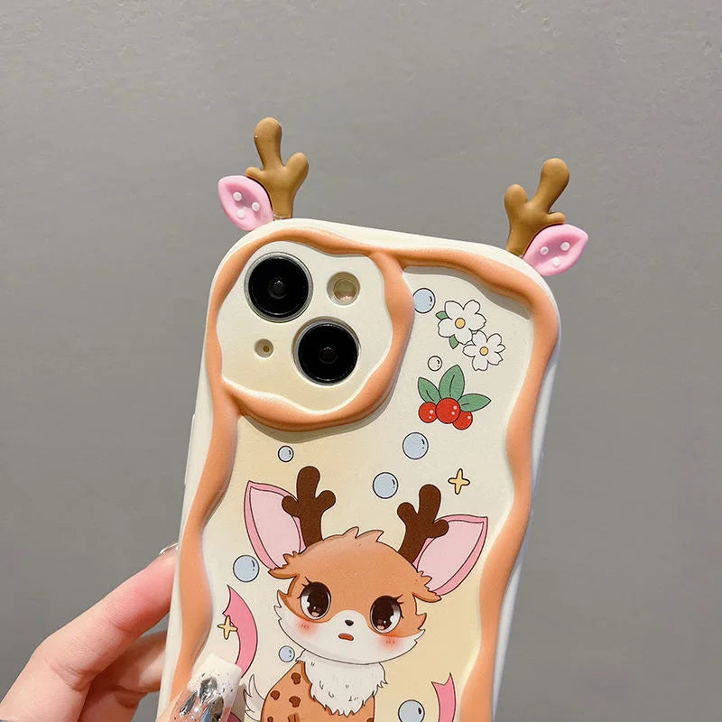 Bonita funda para teléfono con orejas de alce de goma y ojos de polvo de hadas