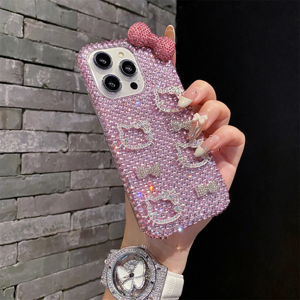 Funda para teléfono con lazo rosa y cara de Hello Kitty con purpurina de diamante