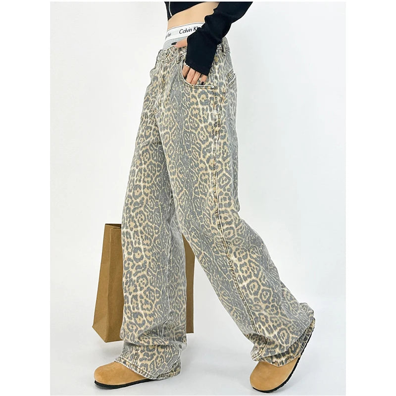 American Retro High Street Casual Overalls Leopard Print Loose Wide Leg Pants For Women Y2k Hip-hop Cargo Grunge Baggy Trousers - Lootquake