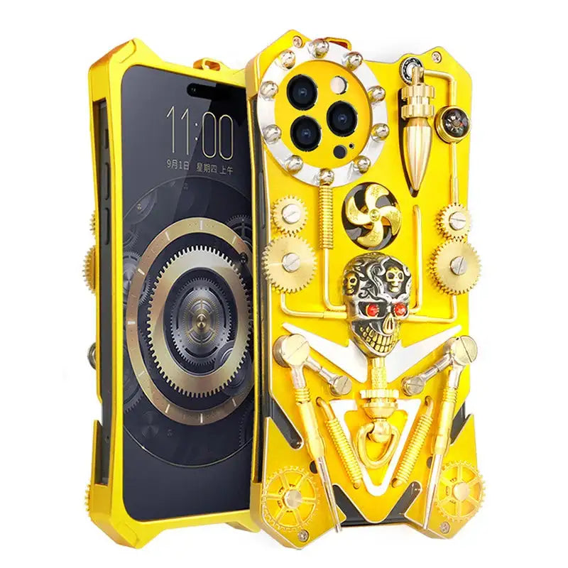 Metal Mechanical Gear Compass Shockproof Armor Phone Case For iPhone 14 13 12 11 15 Pro Max Skull Stand Heat Dissipation Cover - Lootquake