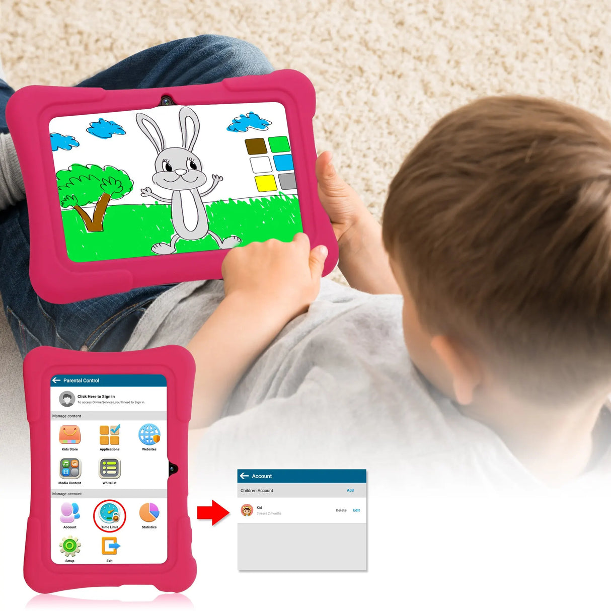 Tablette enfant PRITOM 7 pouces, Android 10, 4 cœurs, 32 Go, Wi-Fi, Bluetooth, logiciel éducatif installé