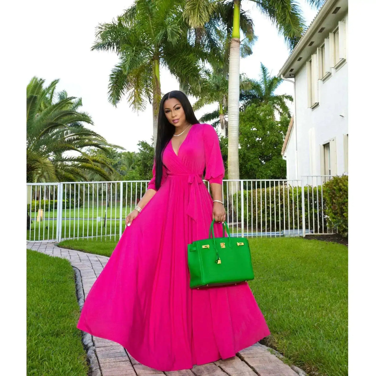 CM.YAYA Elegant Women Wraped V-neck Long Sleeve with Sashes Maxi Long Dress Chic INS Sexy Party Prom Big Swing Pink Dresses - Lootquake