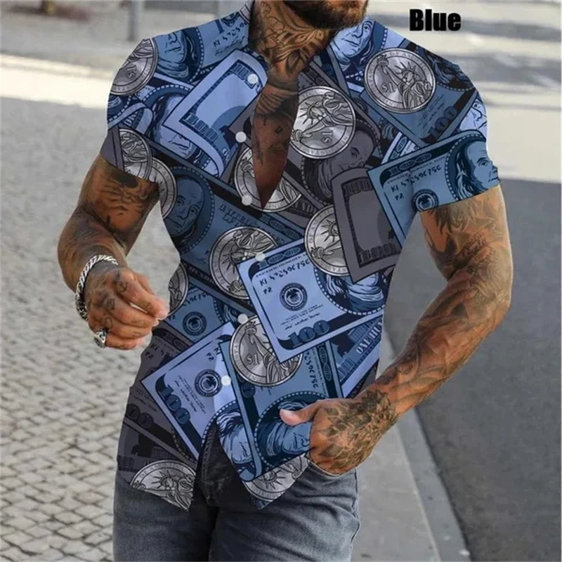3D Print Dollar Pattern Shirts For Men Summer Short Sleeve Slim-Fit Button Up Casual Shirts Streetwear Mens Shirt Blouses Tops - Lootquake