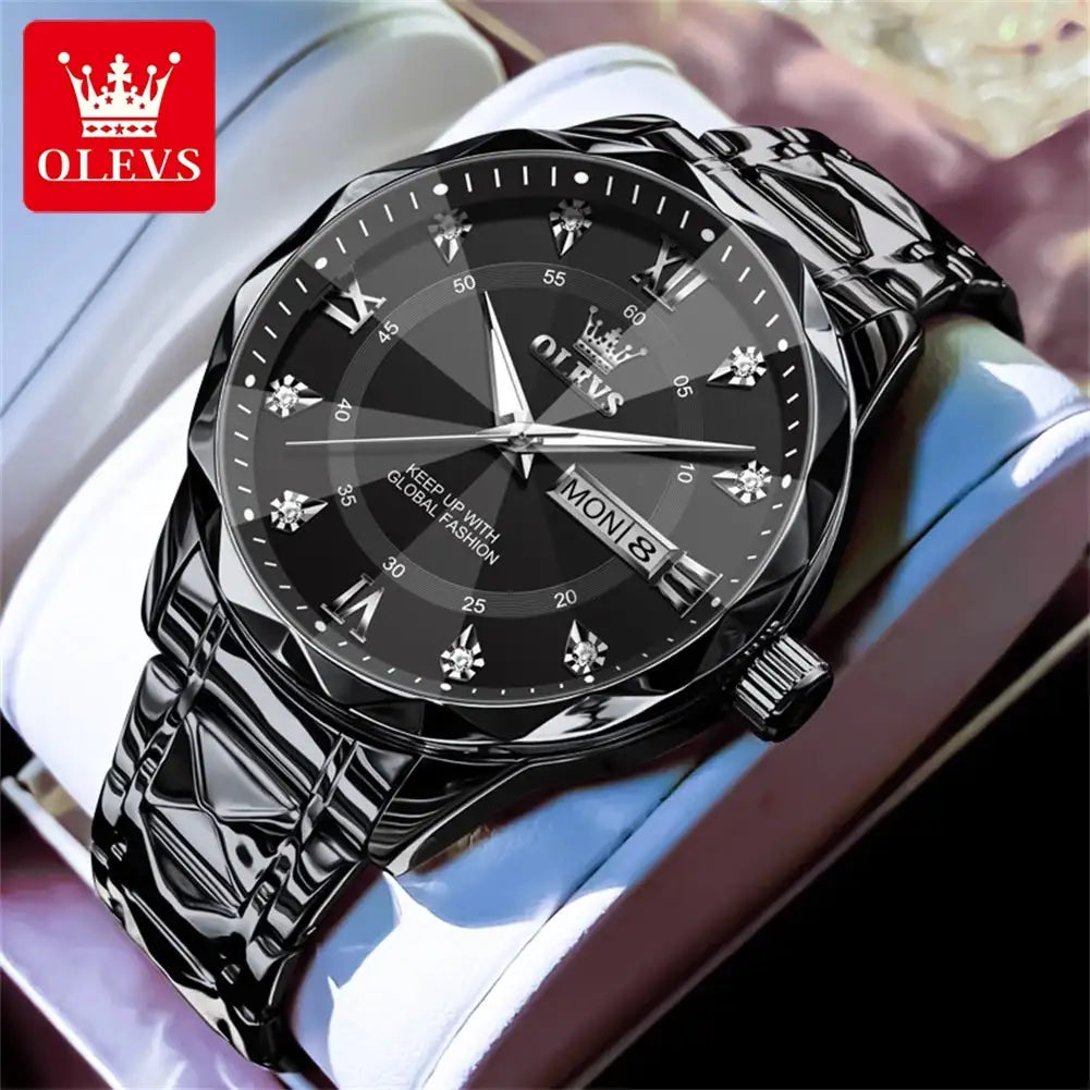 OLEVS Original Fashionable Men's Quartz Watch Top Luxury Brand Waterproof Stainless Steel Diamond Date Week Men's Business Watch - Lootquake