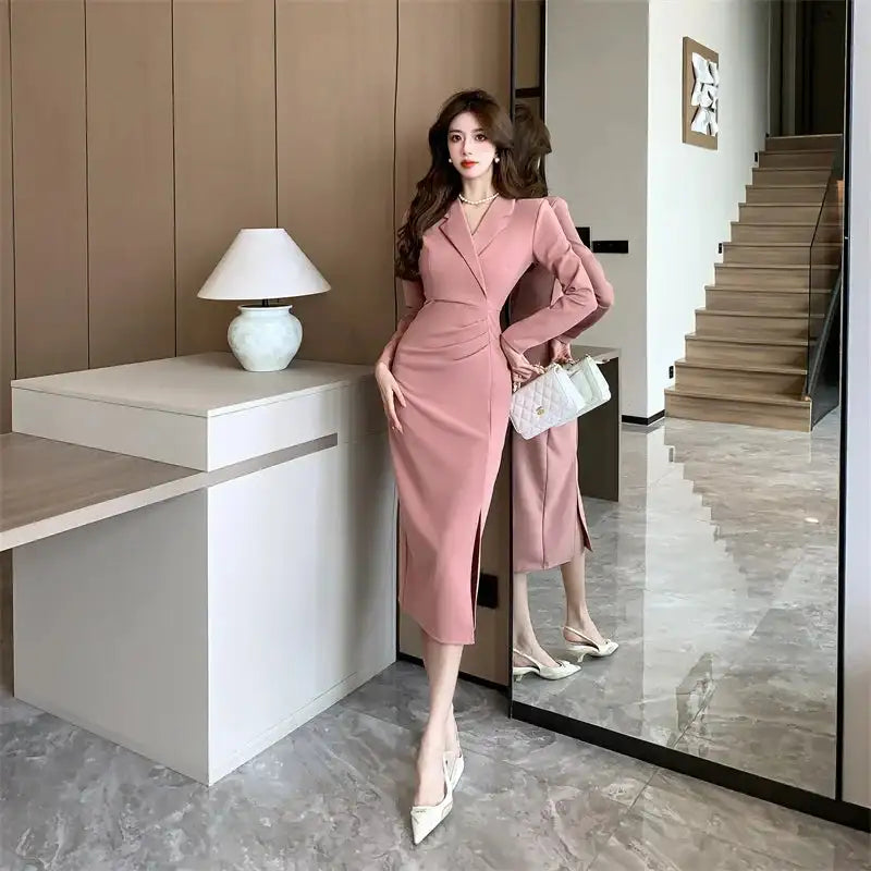 Women Pink Pleated Bodycon Formal Long Dress Autumn Winter Long Sleeve Chic Suit Dress 2025 Korean Fashion Elegant Party Dresses - Lootquake