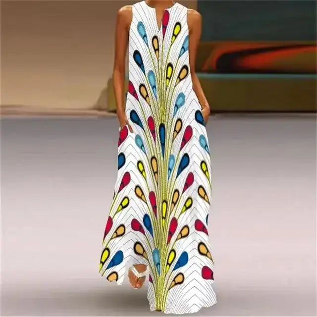Rainbow Gradient Print Elegant Women's Dress 2024 Summer Sexy Sleeveless V-neck Evening Long Dress Women Casual Party Maxi Dress - Lootquake