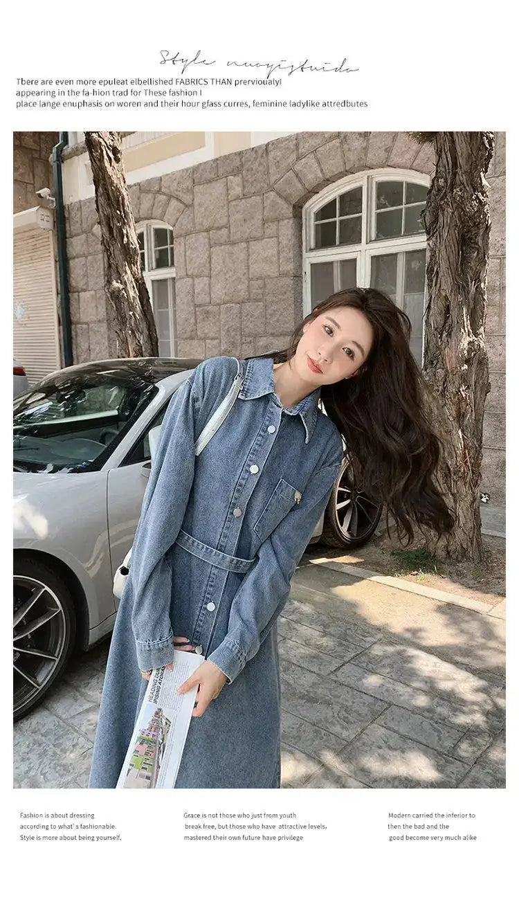 Denim Long Dress 2024 New Fashion Spring Autumn Korean Sweet Cargo LOOSE FIT Full Sleeve Girls Dress All-match - Lootquake