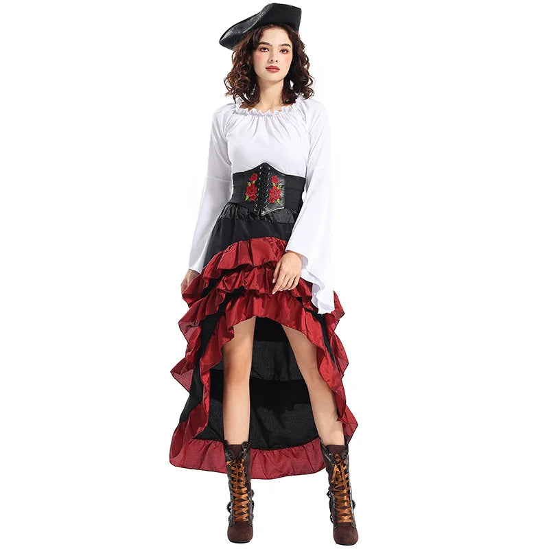 Halloween Womens Cosplay Medieval Pirate Costume Top Corset Skirt Hat Retro Voyager Dress Carnival Play Suit Party Fancy Dress