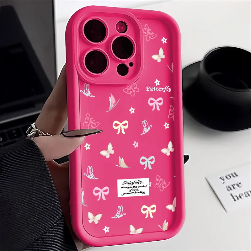 Funda de silicona con lazo rosa para iPhone, estilo coreano
