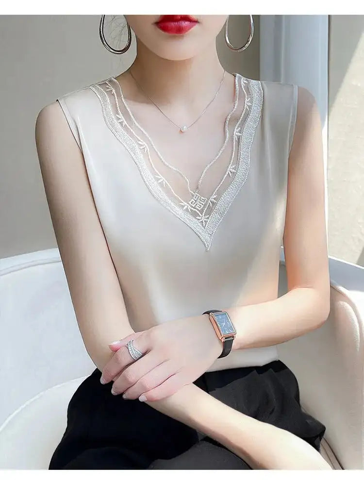 new woman clothing vest camis Tank top women's suit bottom lace lining 2024 summer new silk satin sleeveless top suspender vests - Lootquake
