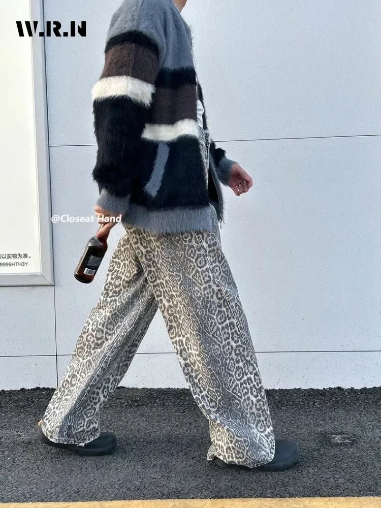 Women's American Vintage Leopard Print Washed Thin Jeans Street Casual Neutral Style DenimTrousers High Waist Straight Pants - Lootquake