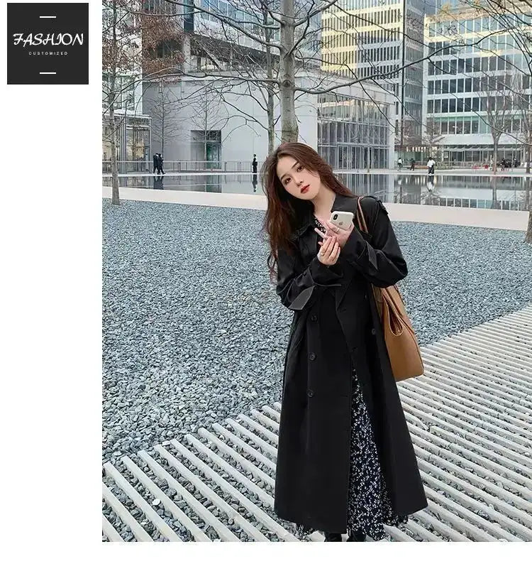 Streetwear Loose Trench Coat Midi Length Fashion Korean Elegant Khaki Black Women's Windbreaker Coat Casual Double Breasted Tops - Lootquake