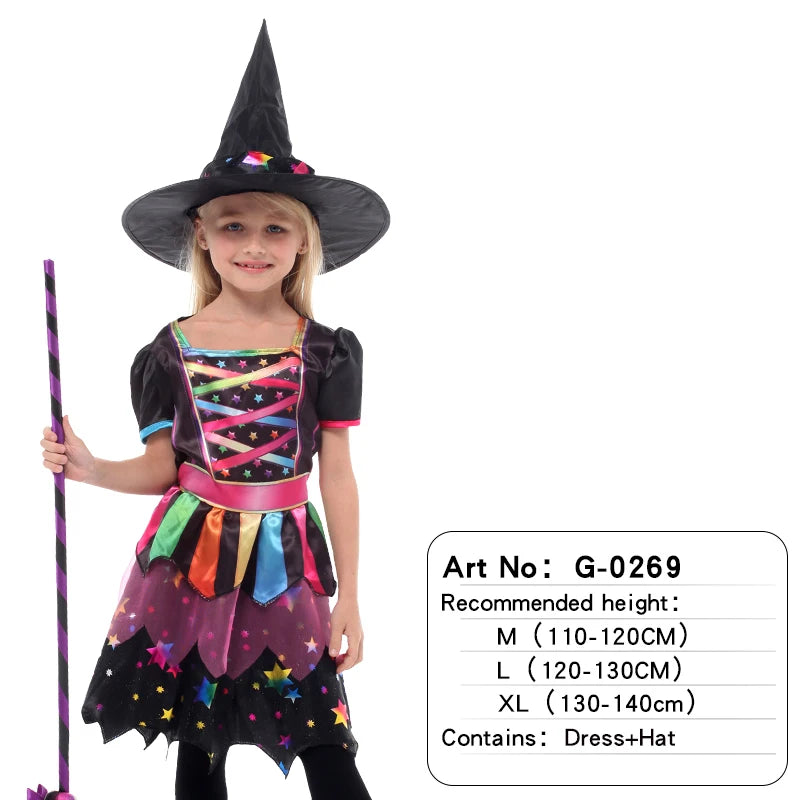 Halloween Children's Witch Dress - Comes with Hat, Halloween Role Playing Costume,Colorful Star Pattern Printed Carnival Costume