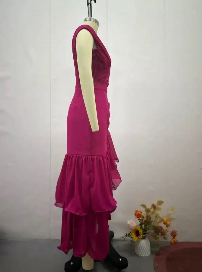 Womens Dresses 2025 Spring New Sweet Style Solid Color High Waist Ruched V-Neck Sleeveless Casual Ruffle Hem Daily Long Dress - Lootquake