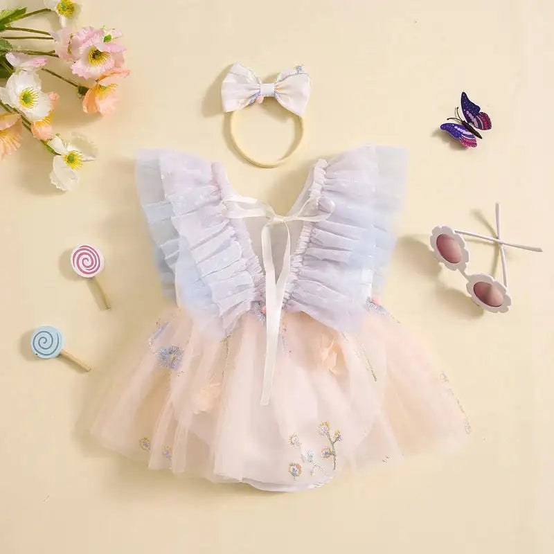 Pudcoco Baby Girl 2Piece Summer Set 3D Butterfly Flower Embroidery Fly Sleeve Mesh Romper Dress 3D Bow Headband Toddler Outfits - Lootquake