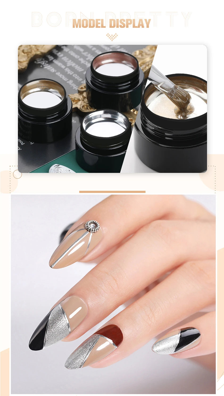 BORN PRETTY Esmalte de uñas en gel metálico con efecto espejo dorado y plateado, superbrillante, para dibujar líneas, uñas francesas, barniz UV.