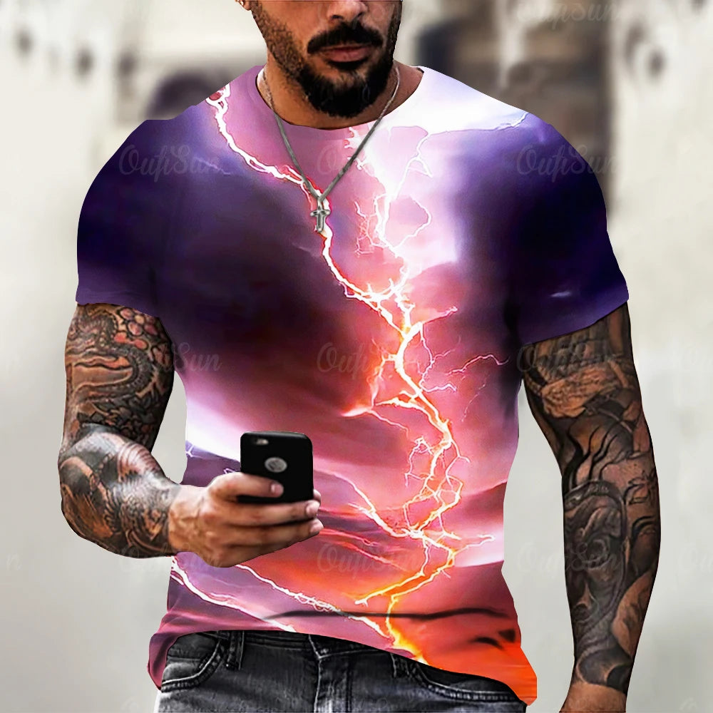 Men's T Shirt 3d Lightning Print Mens Short-Sleeved Tops Summer Street Fashion T-Shirt for Men Casual Tees Oversized Clothing XL - Lootquake