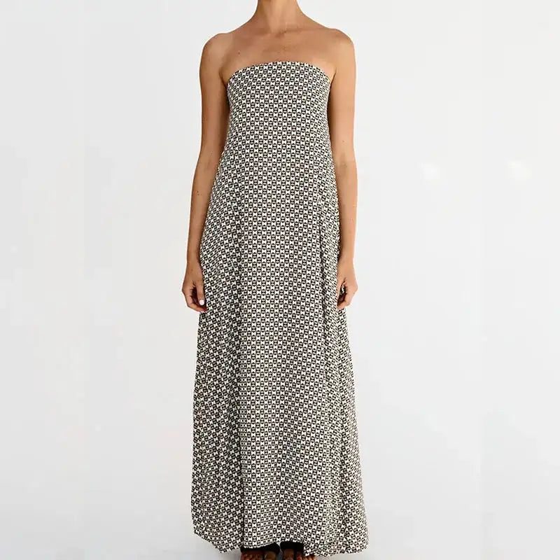 Fashion Strapless High Waisted Long Dress Women Casual Off Shoulder Pleated Bohemian Dress Elegant Pattern Printed Holiday Dress - Lootquake