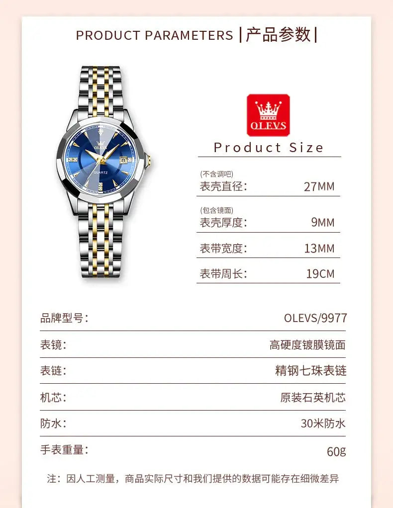 OLEVS Original Brand Elegant Women's Watches Waterproof Luminous Quartz Watch for Lady Necklace Bracelet Gift Box Set Calendar - Lootquake