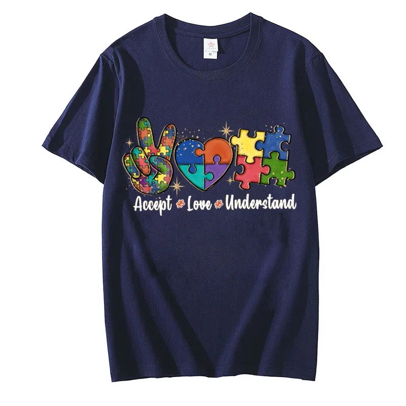 Accept Love and Understand T-shirt Autism Awareness T Shirts Color Puzzle Block Kids Women's Tees Harajuku Streetwear Y2k Tops - Lootquake