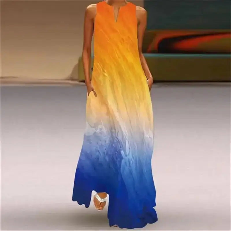 Rainbow Gradient Print Elegant Women's Dress 2024 Summer Sexy Sleeveless V-neck Evening Long Dress Women Casual Party Maxi Dress - Lootquake