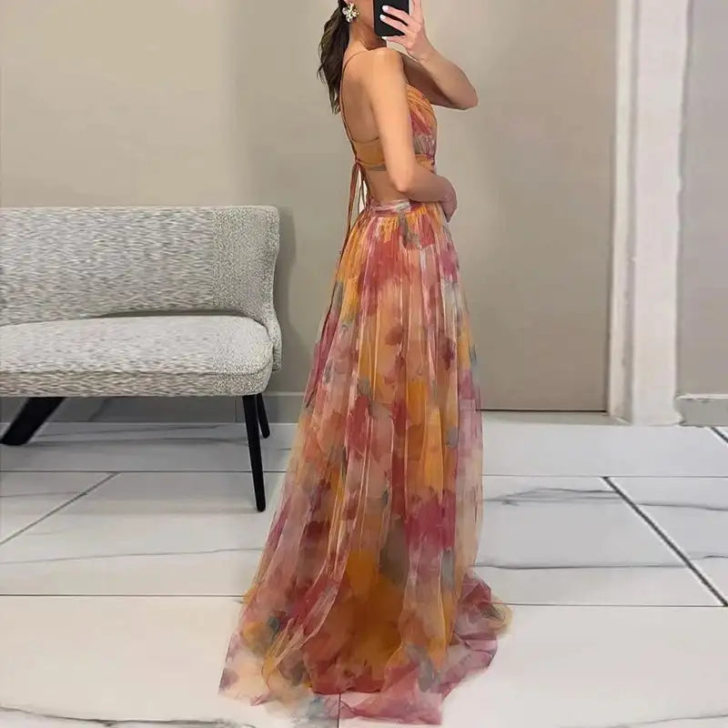 Elegant Print Pleated Mesh Evening Dress Sexy Off Shoulder Ins Vacation Long Dress Summer V Neck High Waist Backless Sling Dress - Lootquake