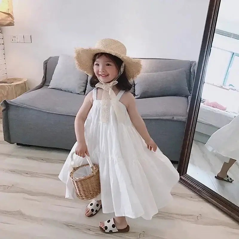 Girls Cotton Solid White Dress Ruffles Kids Strap Dress Summer Sleeveless Toddler Baby Long Dress Girl Clothes 1-6Y Kleid/robe - Lootquake