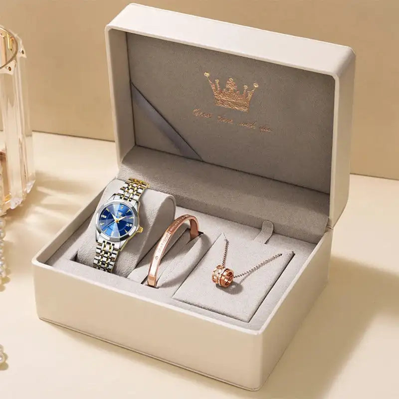 OLEVS Original Brand Elegant Women's Watches Waterproof Luminous Quartz Watch for Lady Necklace Bracelet Gift Box Set Calendar - Lootquake