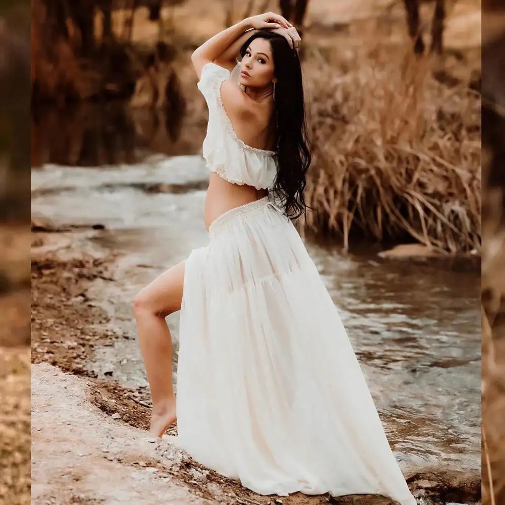 Maternity Dress For Photoshoot Pregnancy Off Shoulder Ruffled Semi Transparent Chiffon Long Dress Photography Dress For Women - Lootquake