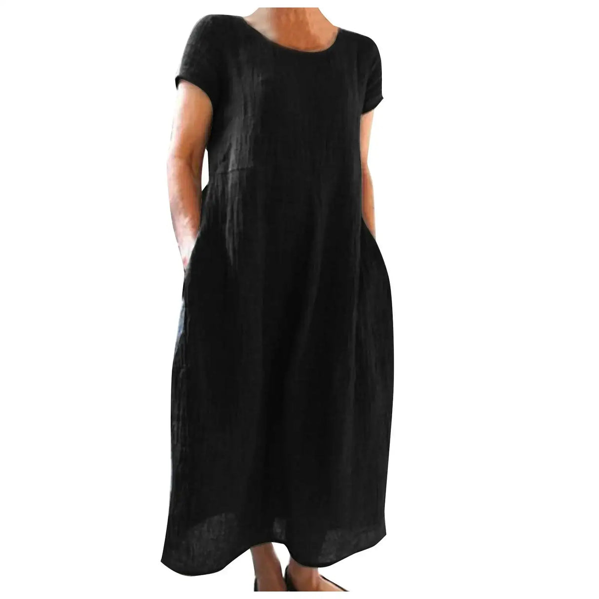 Spring Summer Woman Long Dress Office Lady Fshion Casual Loose Solid O-neck Short Sleeve Dresses For Women 2024 Female Robe - Lootquake