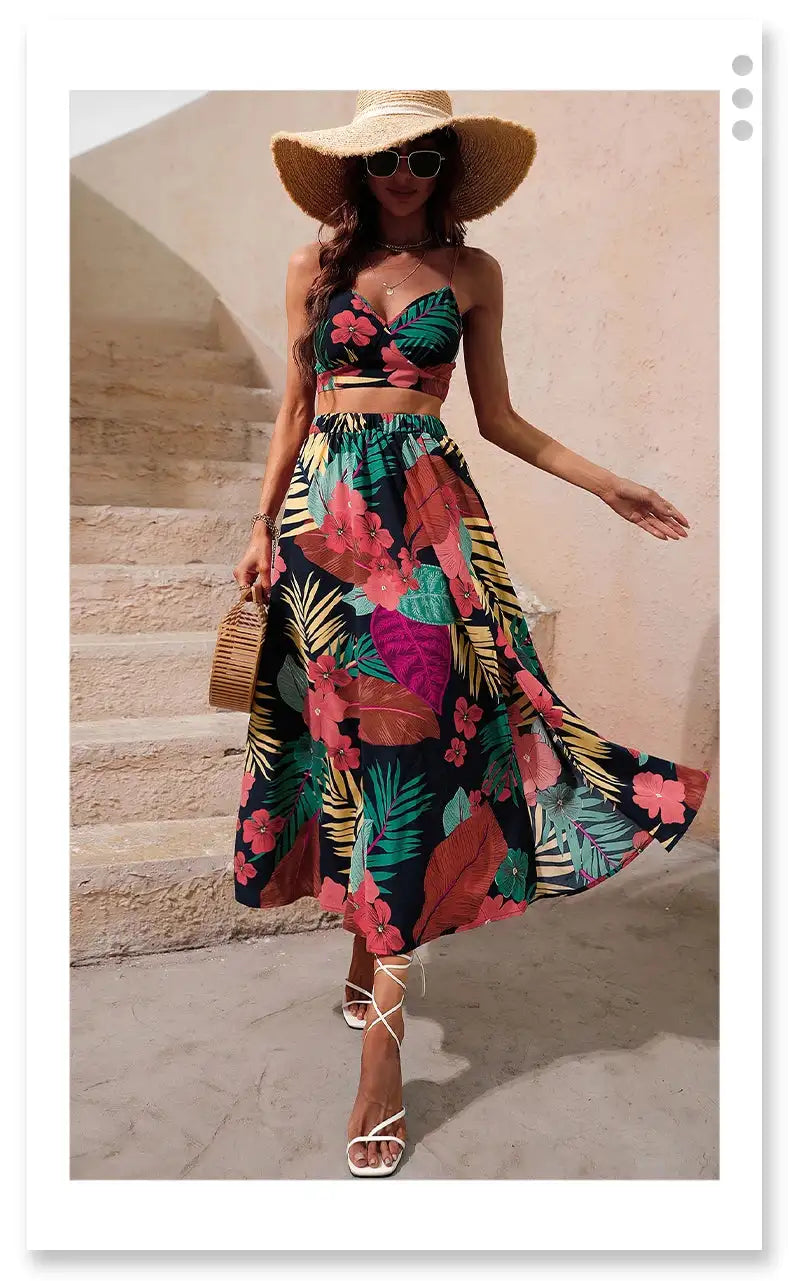 Y2K Bikini Crop Tops Long Dress Sexy Set for Women Summer Fashion Two Pieces Skirt Beach Style Floral Print Midi Sexy Boho Sets - Lootquake
