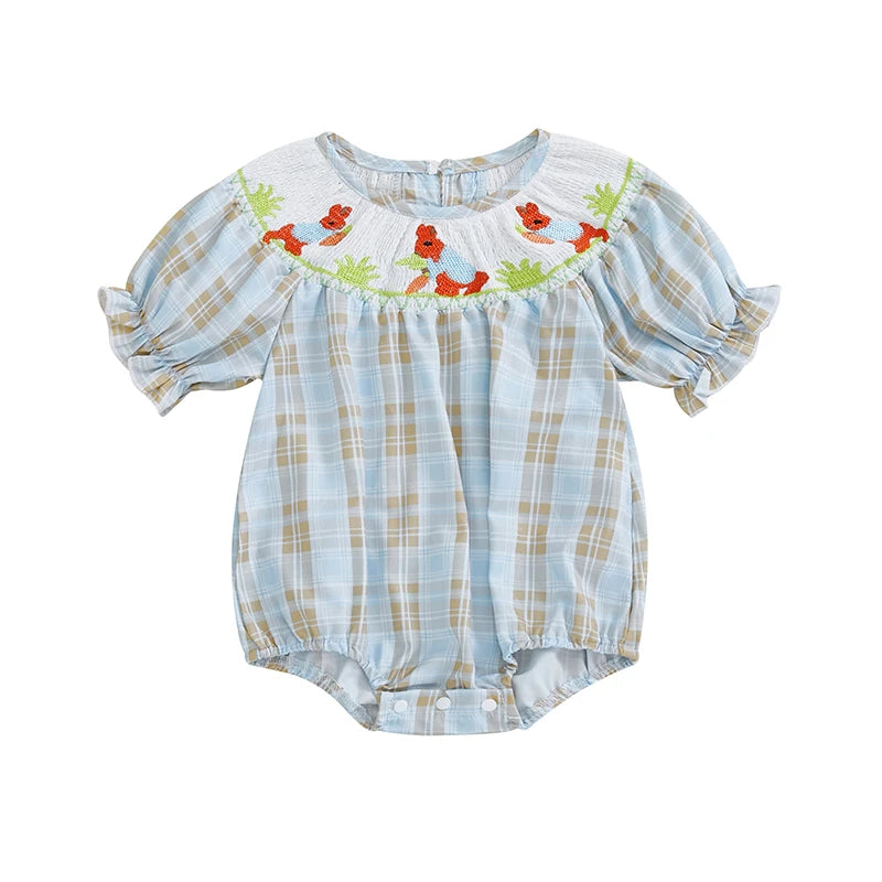 Adorable Infant Easter Jumpsuit with Sweet Bunny Embroidery and Smocked Detailing - Stylish Short Sleeve Baby Girl Outfit for - Lootquake