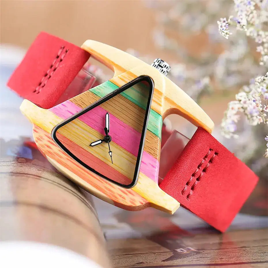 Unique Triangle Women's Wood Watch Creative Colorful Lady Green/ Red Genuine Leather Wristwatch Elegant Womens Watches Top Gifts - Lootquake