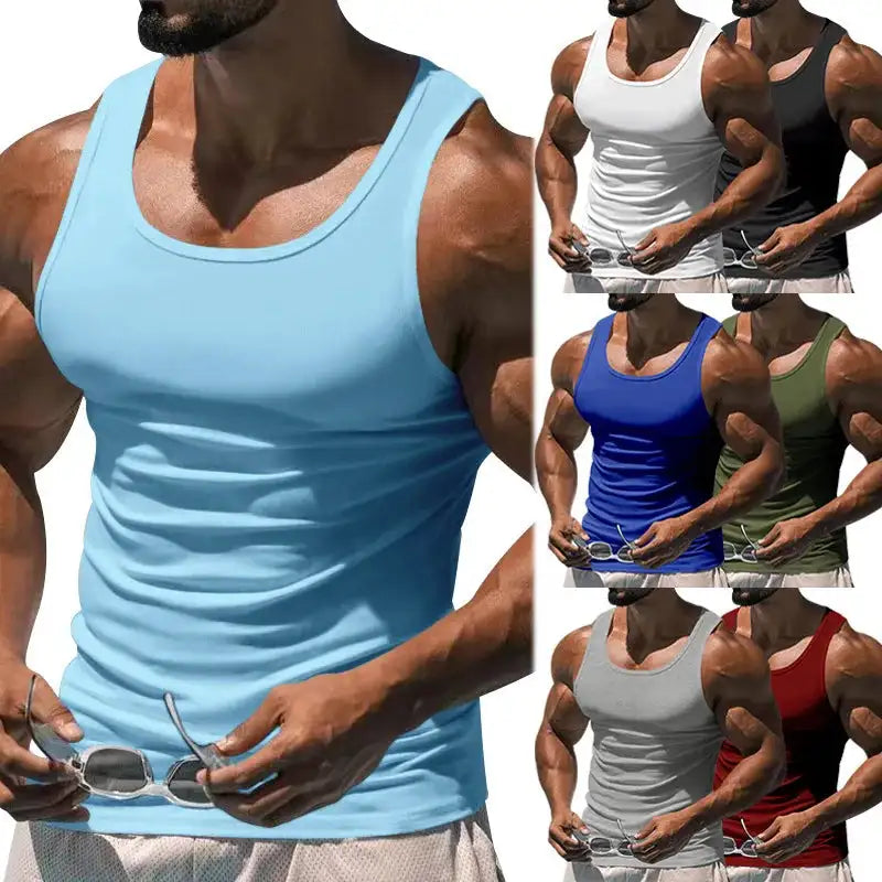 American Vest, Summer Europe And The United States Men Stretch Sports Gym Training, Tight Hurdle Sleeveless Top Solid Color Vest - Lootquake