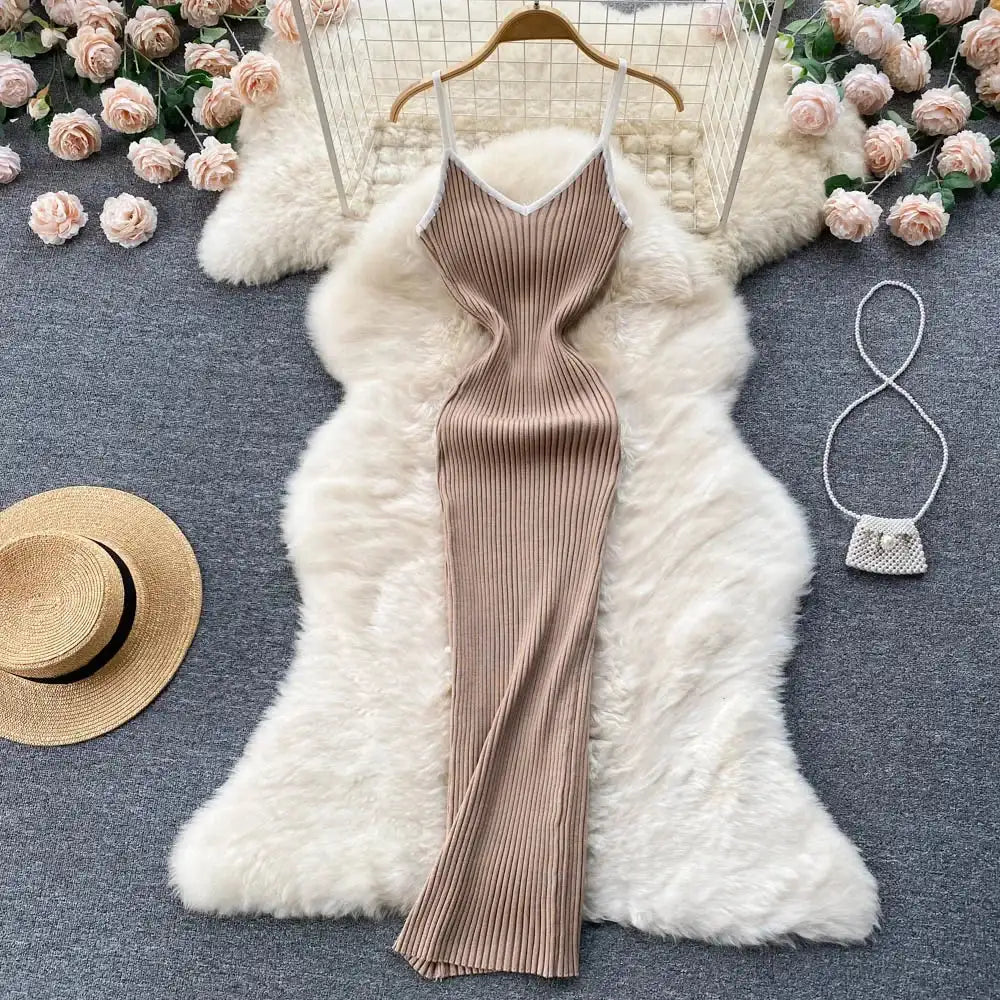 Summer V Neck Knit Sexy Strap Dress Women Elatic Waist Bodycon Sundress Female Beach Backless Maxi Long Dress - Lootquake