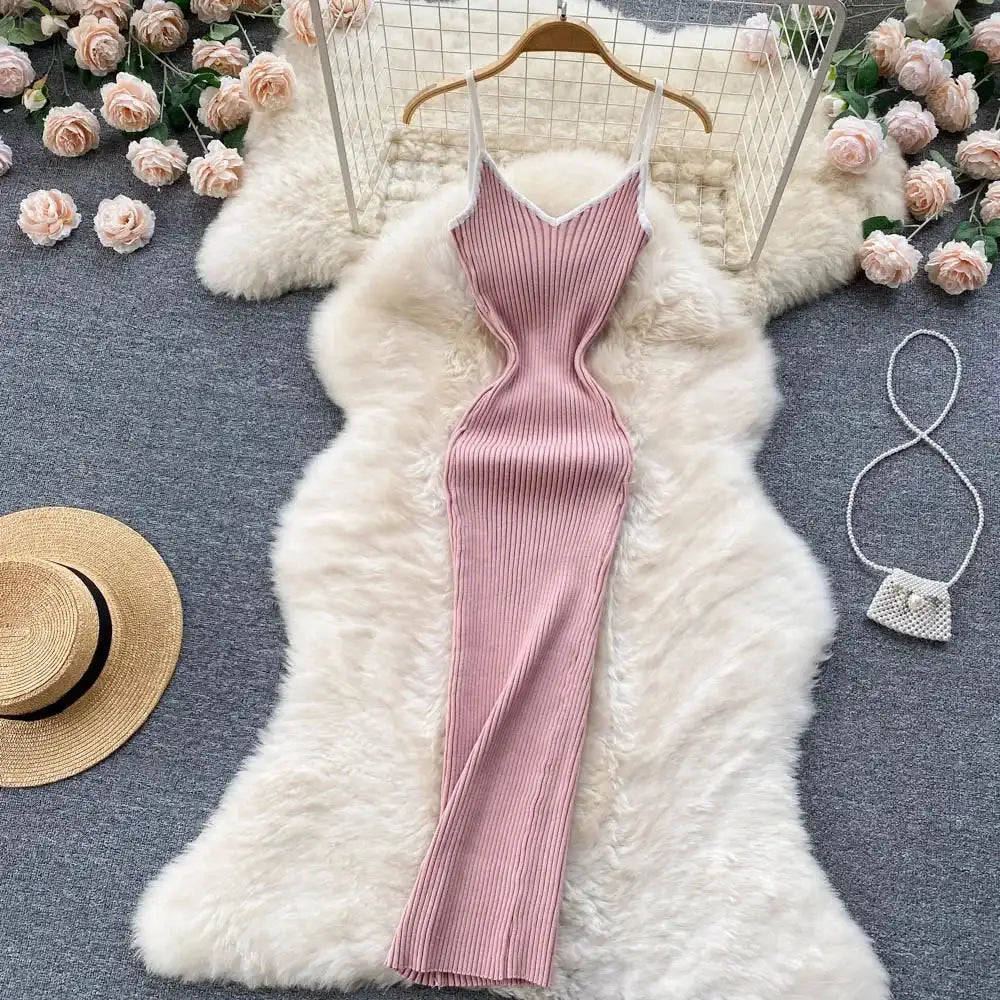 Summer V Neck Knit Sexy Strap Dress Women Elatic Waist Bodycon Sundress Female Beach Backless Maxi Long Dress - Lootquake