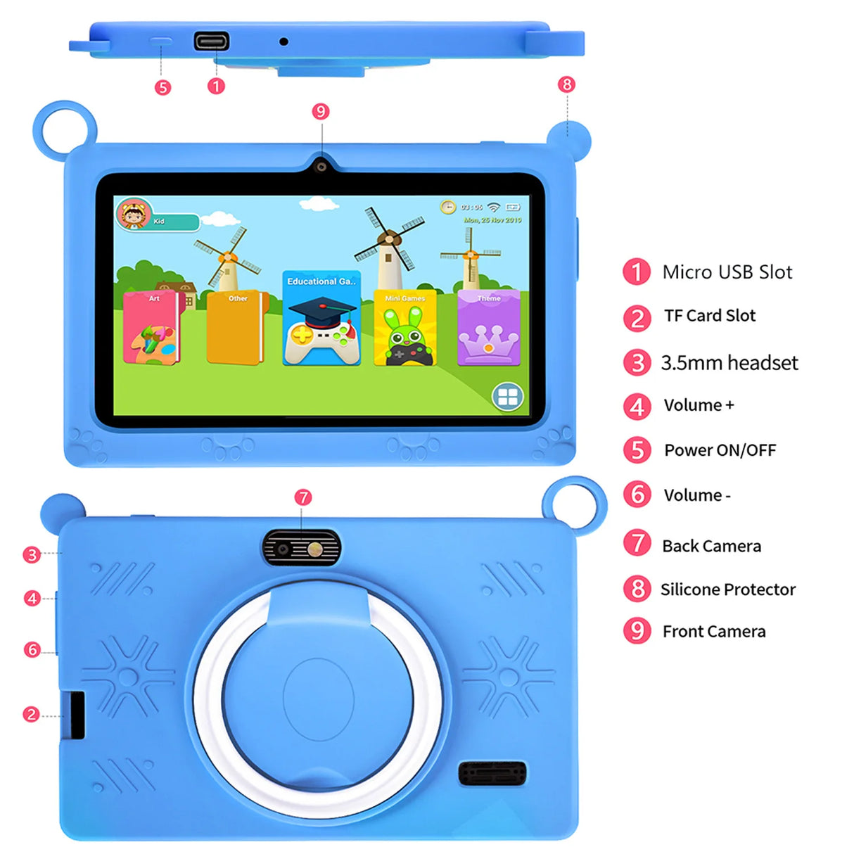 Tablette enfant BDF 7 pouces Google Learning Education Games Quad Core 4 Go RAM 64 Go ROM WiFi Bluetooth Double caméra