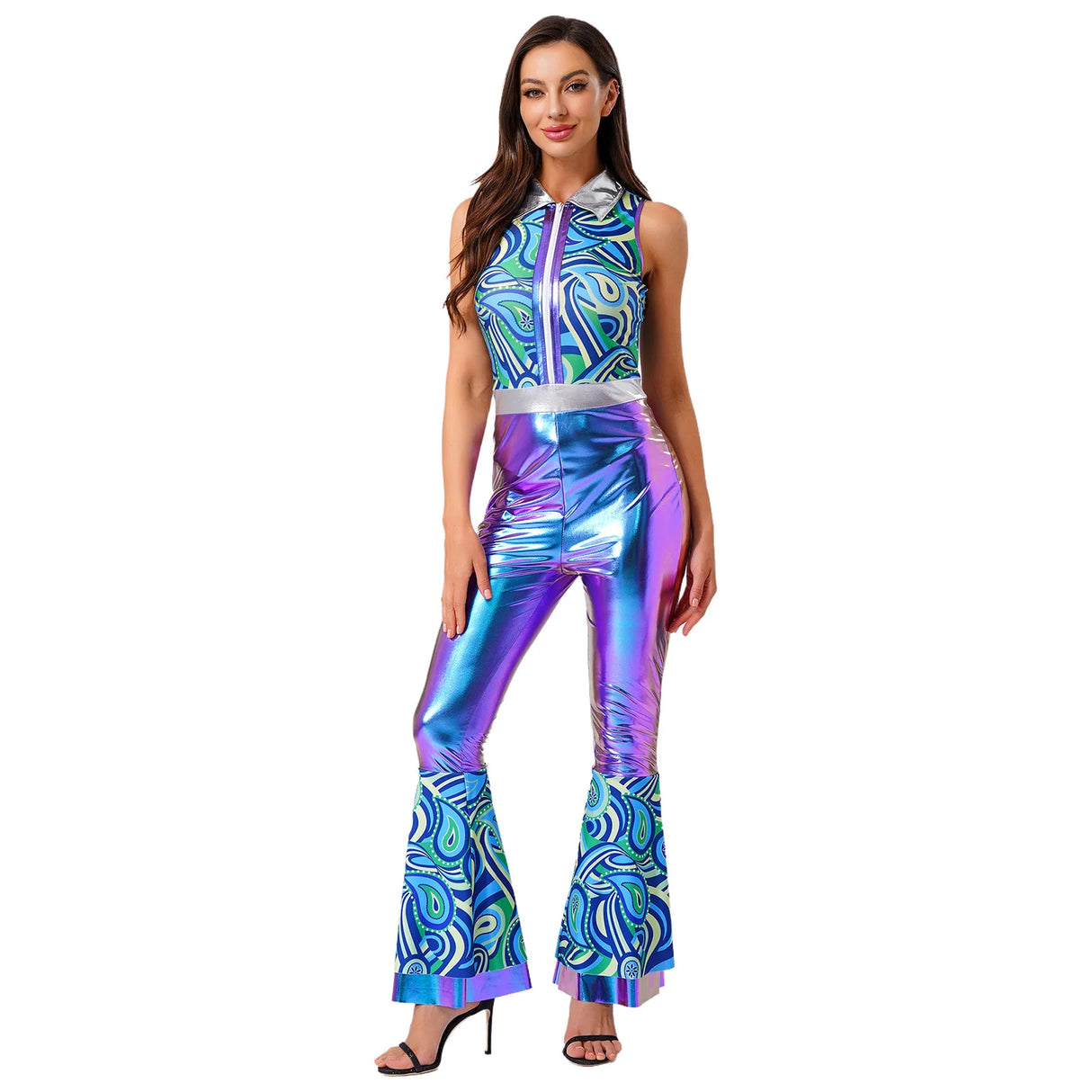 Womens Halloween Retro Hippie Cosplay Costume Party Hip-hop Dance Costume Metallic Shiny Vintage Carnival Bodysuit Jumpsuit