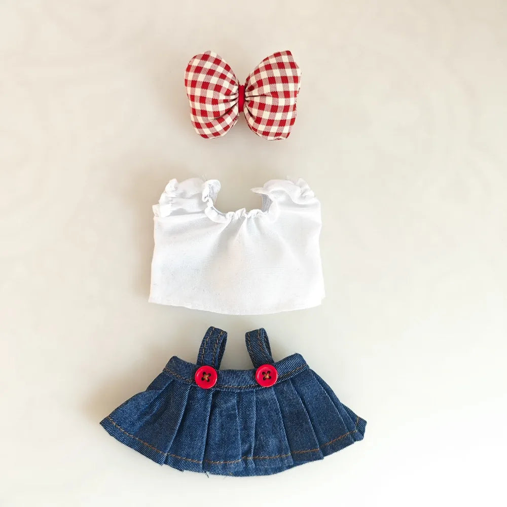 Labubu Doll Clothes & Accessories Denim Skirt With Red Bow Headband Set Trendy Outfits for Labubu Collectibles - Lootquake