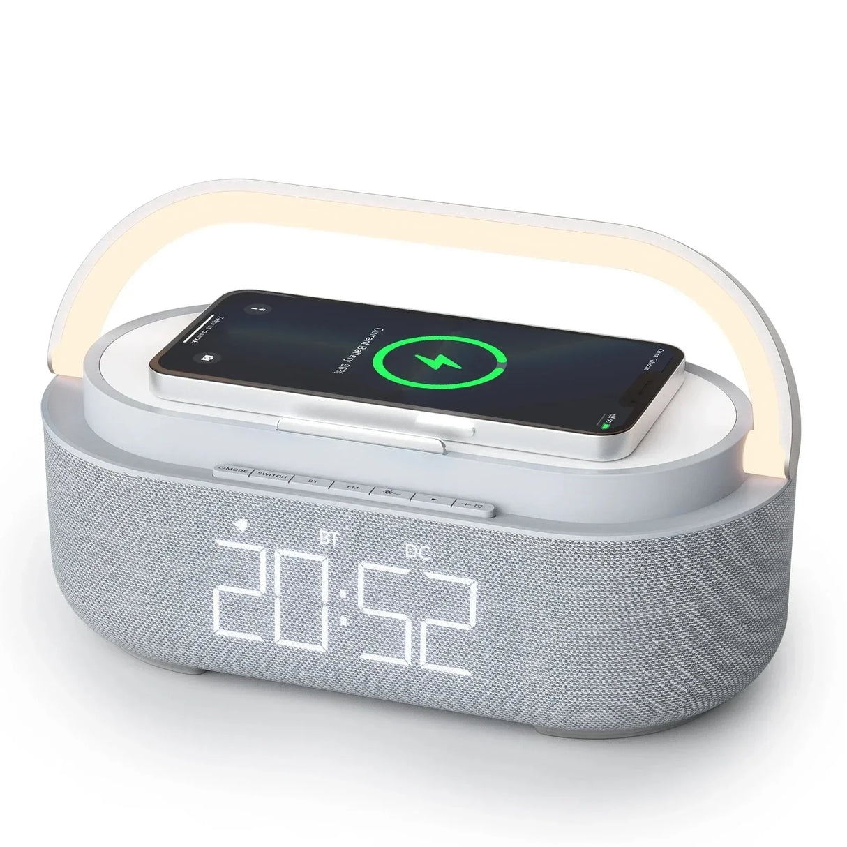 Altavoz Bluetooth, batería de 2500 mAh, compatible con carga inalámbrica de 15 W, reloj digital, pantalla, luz nocturna, despertador, estéreo Bluetooth.